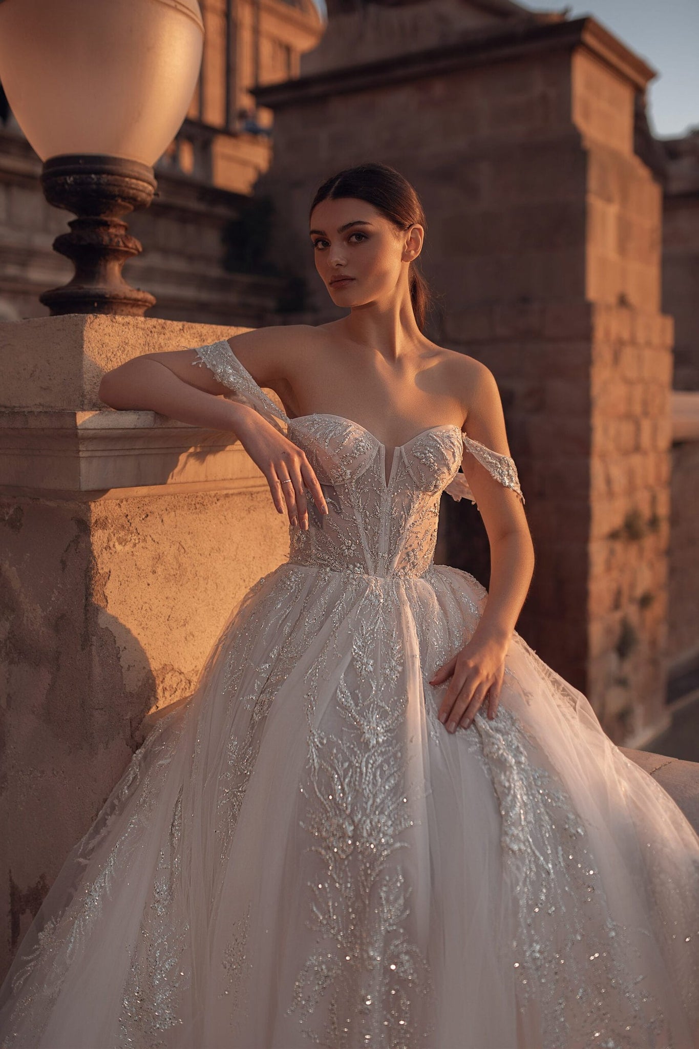 Ethereal A-Line Wedding Gown with Shimmering 3D Floral Lace, Sparkling Sequins, and Flowing Tulle Skirt for a Magical Bridal Look