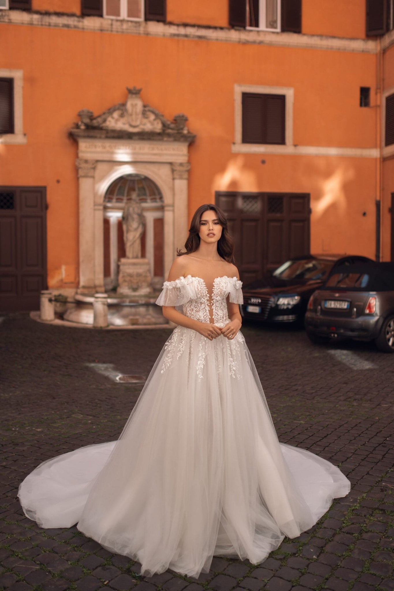 Romantic A-Silhouette Wedding Dress with Glitter Tulle, Lace, 3D Flowers, and Flowing Skirt for Timeless Elegance