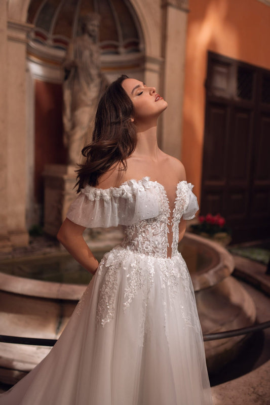 Romantic A-Silhouette Wedding Dress with Glitter Tulle, Lace, 3D Flowers, and Flowing Skirt for Timeless Elegance - Camilla's