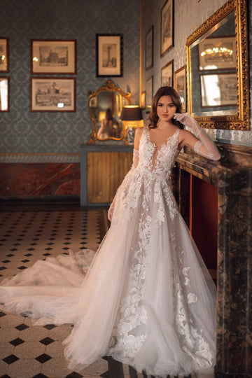 Enchanting A-Line Wedding Gown with Layers of Delicate Tulle, Lace, 3D Flowers, and Sequins for a Glamorous and Regal Bridal Look