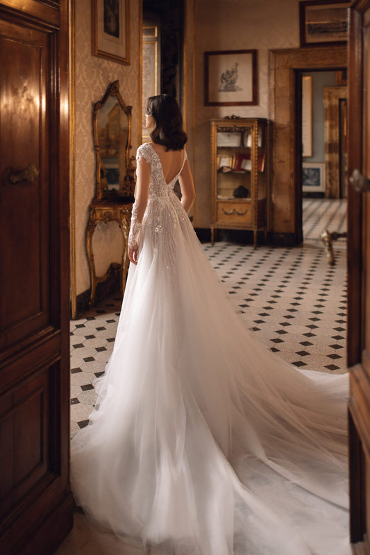 Ethereal A-Line Wedding Gown with Delicate Lace Bodice, 3D Floral Appliqués, and Sparkling Sequins Details for a Dreamy and Romantic Look