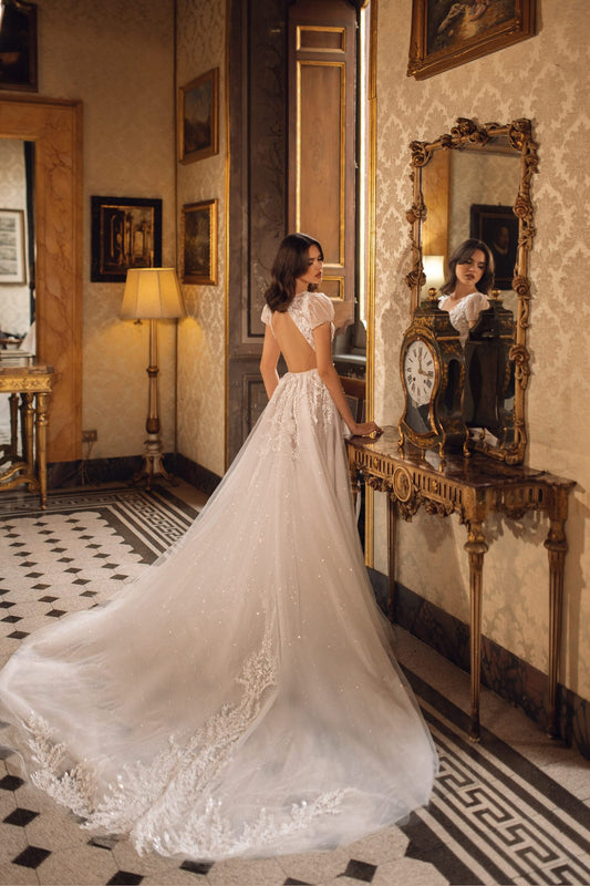 Timeless A-Line Wedding Gown with Tulle, Lace, and Mesmerizing Sequin Details for a Breathtaking Bridal Look