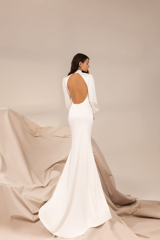 Modern Minimalist Wedding Dress with Sleek Satin, High Neckline & Elegant Open Back with Delicate Button Details for a Sophisticated Bridal Look