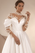 Whimsical Minimalist Wedding Dress with Delicate Tulle, Satin Accents & Romantic 3D Floral Lace for an Enchanting Bridal Look