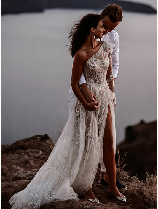 Spiaggia elegante abito da sposa a una spalla per donne illuso appliques in pizzo una linea semplice abito da sposa Robe de Mariee