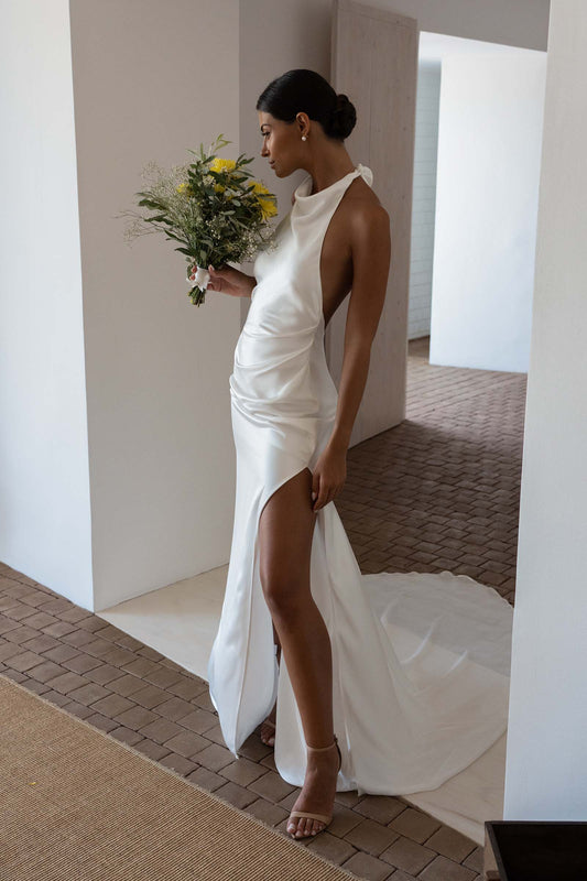LSYX-vestido de novia de sirena sencillo, sin mangas, con cuello Halter, satén, espalda abierta, abertura lateral alta, largo hasta el suelo, hecho a medida