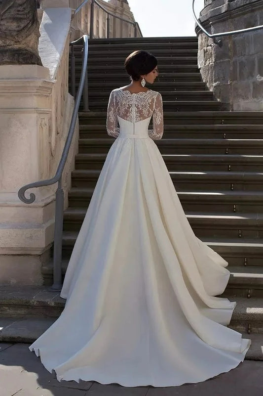 Enkel bröllopsklänning spets v-hals långa ärmar a-line satin golvlängd svep tåg brudklänning vestidos de novia
