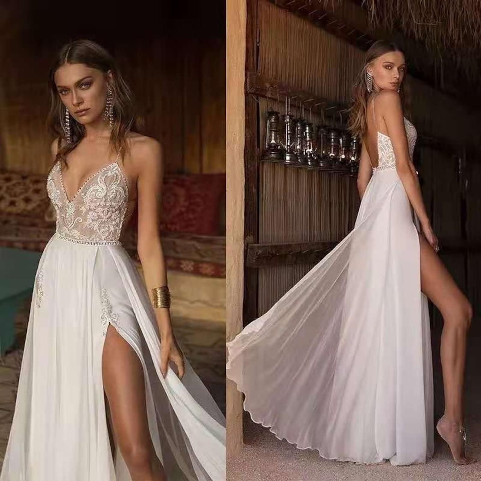 Verngo Boho Wedding Dress Sexy Side Slit Beach Wedding Dress V-Neck Bride Dress Spaghetti Straps Weeding Gowns Vestido De Noiva