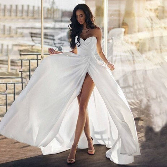 Popular querida pescoço a linha vestidos de casamento sem mangas trem varredura vestidos de noiva feito sob encomenda robe de elegante vestido de novia