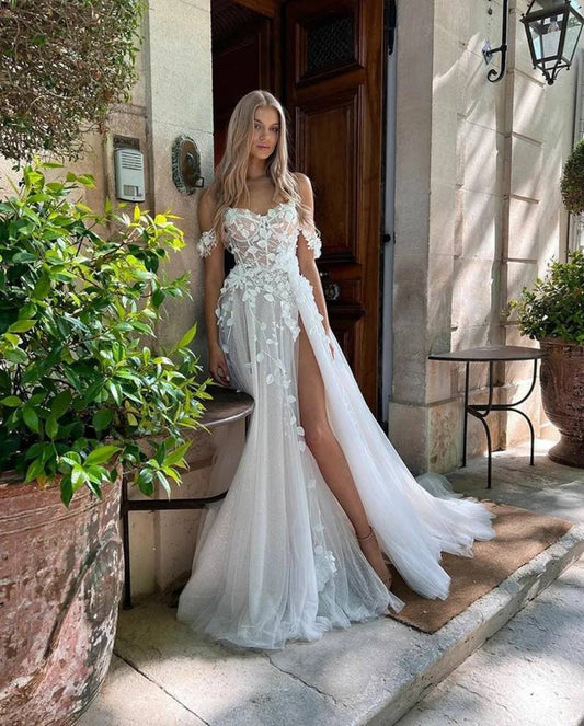 Sol Sweetheart apliques de flores 3D abertura larga vestido de novia línea a fuera del hombro vestidos de novia de encaje sin espalda Sexy hecho a medida