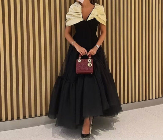 Black Tulle Saudi Arabia Prom Dresses Formal Off-Shoulder Women Evening Party Gowns Ankle Length Midi Celebrity Gown