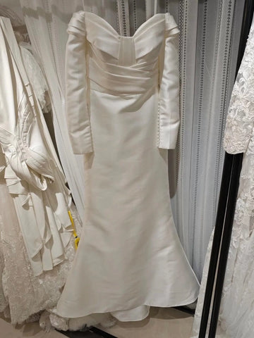 Simple Satin Off Shoulder Mermaid Wedding Dress with A-Line Tulle Skirt, Long Sleeves, and Sweetheart Neckline Champagne