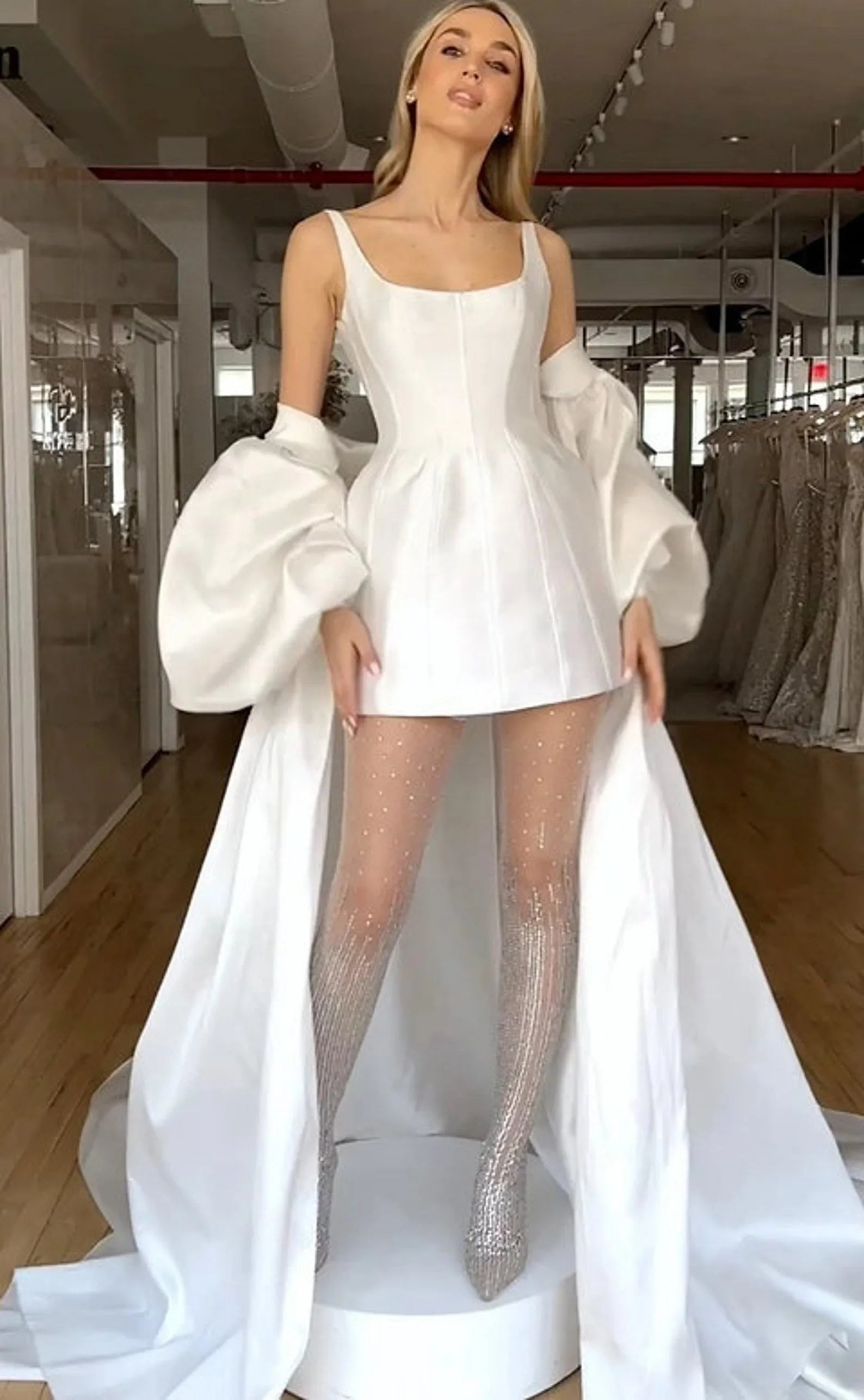 Pieces Satin Mini Bride Dress For Wedding Long Sleeves Wrap Formal B