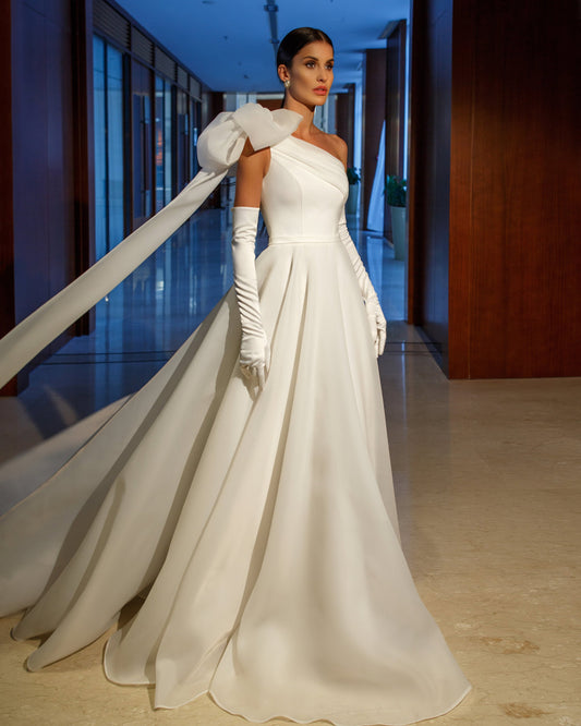 Charming One Shoulder A Line Wedding Gowns est Big Bow Ruched Long Train Custom Bridal Dresses