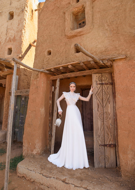 Bohemia Wedding Dresses A-Line Chiffon Bridal Gowns Flare Sleeves Floor Length Ball Gowns Lace Appliques Vestidos De Novia