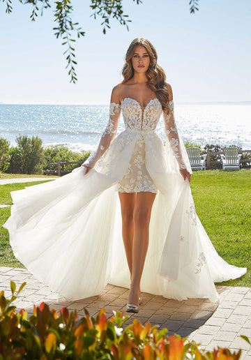 Populante cuore in pizzo completo Short Shearth Wedding Abites With DetacAblt Train 2 in 1 Bridal Grown Rode de Morrie