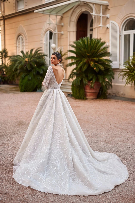 Vestido De novia clásico De manga larga con cuello redondo, bata De novia con purpurina y perlas brillantes, vestido De novia largo elegante con corte en A