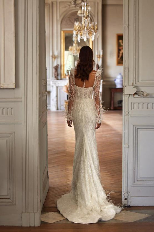 Robe de mariée de cou chérie romantique paillettes scintillantes perles épouse robe élégante en dentelle sirène longue robe nuptiale