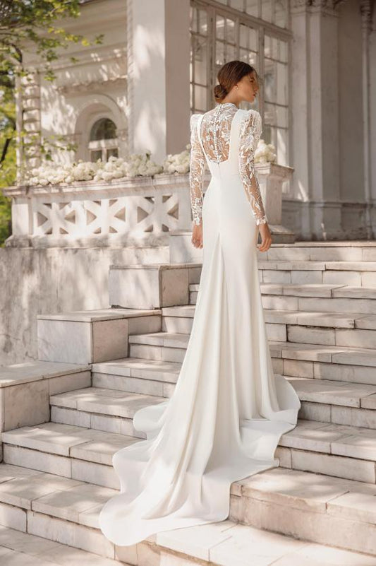 Modest High Collar Long Sleeve Wedding Dress Sparkly Sequins Appliques Bride Robe Elegant Mermaid Bridal Gown Robe De Mariée