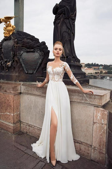 Beach Chiffon Wedding Dresses 3/4 Long Sleeves Lace Appliques Bridal Dress Sexy High Split Simple Boho Wedding Party Gown