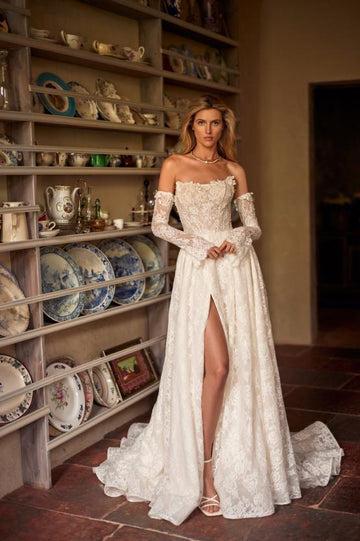 Beach Full Lace Wedding Dresses For Bride Removable Long Sleeves Leg Slit Flowers Wedding Gowns Princess Bridal Gowns