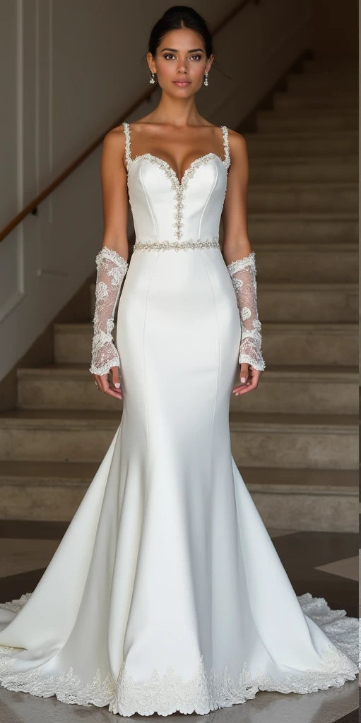 Elegant Mermaid Wedding Gown with Long Sleeves, V-Neckline