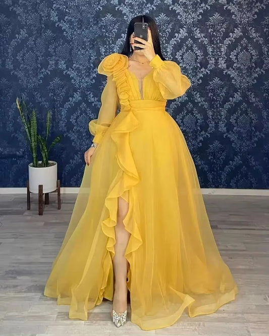 Organza Long Sleeves Prom Dresses Ruffles High Slit V-Neck Evening Gowns Women Formal Special Wedding Dress