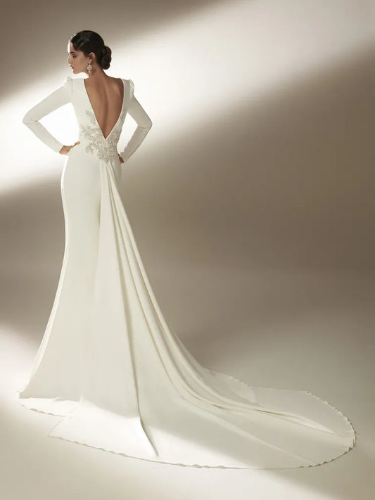 Elegante Mermaid trouwjurk met lange mouwen met plooi Lengte Bridal Sexy Open Back Applique Delicate aangepaste bruid jurken