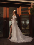 Elegant Sheath Wedding Gown with Lace, Off-Shoulder Neckline, and Long Sleeves for a Romantic and Sophisticated Bridal Look