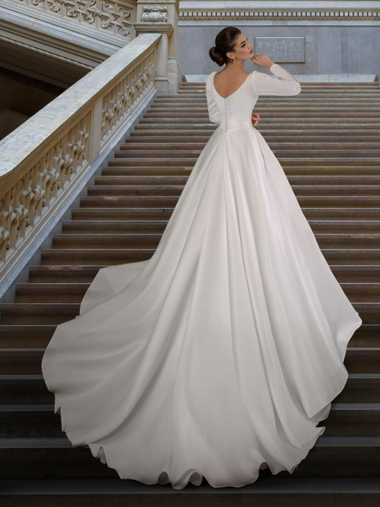 Vestido de novia de satén elegante, vestido de novia modesto de manga larga, vestido de novia musulmán con botones blancos, línea A, vestido de novia para mujer