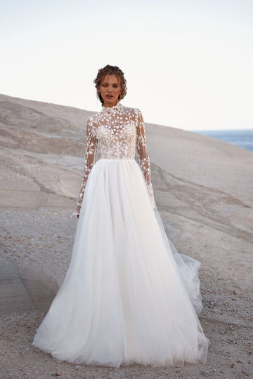 Modeste une robe de mariée en ligne tulle coule haut de cou perle fleurs avec applique en dentelle à manches longues full