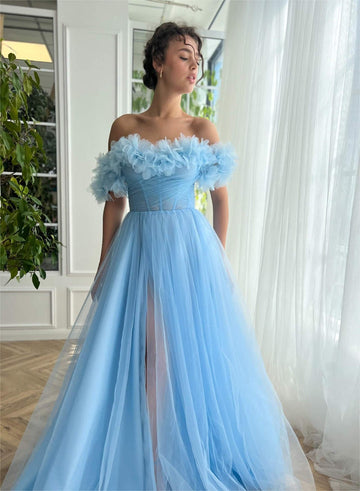 Blue Soft Tulle Prom Dress Off The Shoulder Pleat Ruched Floor Length Gown Homecoming Dresses Graduation Party