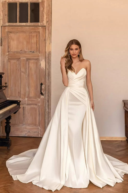 Elegant Ivory Detachable Train Wedding Dresses Mermaid Satin Church Bride Dress Women Wedding Gowns Vestido de Noiva Sereia