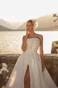 Simple Strapless A-Line Wedding Dresses High Split Sleeveless Sweep Train Bridal Gowns Vestidos De Noiva