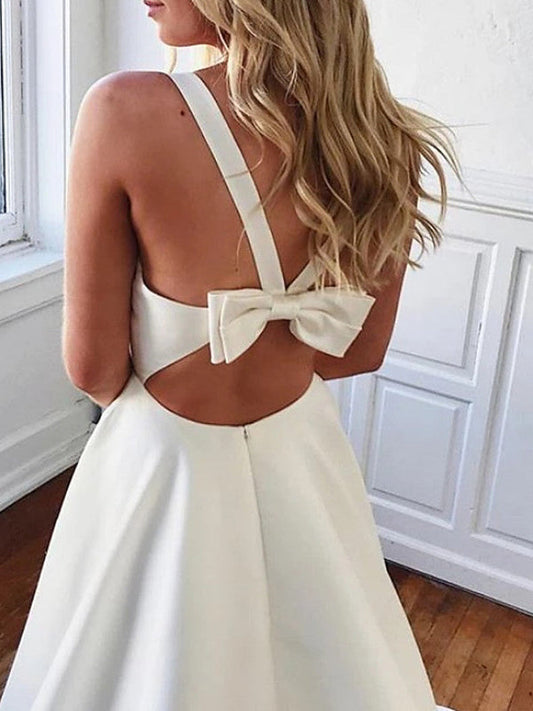 Robes de mariée simples A-line robe nuptiale satin arc décorer les bretelles spaghetti sexy sans manches