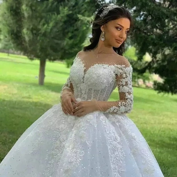 Luxury Long Sleeve Wedding Dresses Lace Embroidery Beading Shinny Wedding Gown Skin Color Prinecess Vestido De Noiva Plus Size