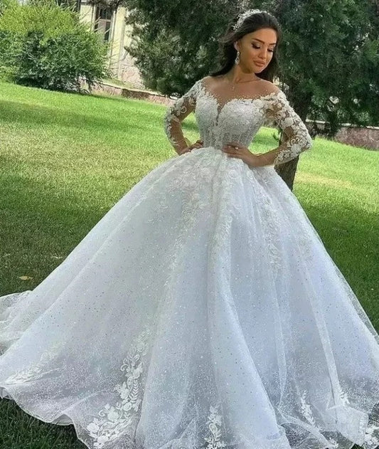 Luxury Long Sleeve Wedding Dresses Lace Embroidery Beading Shinny Wedding Gown Skin Color Prinecess Vestido De Noiva Plus Size White