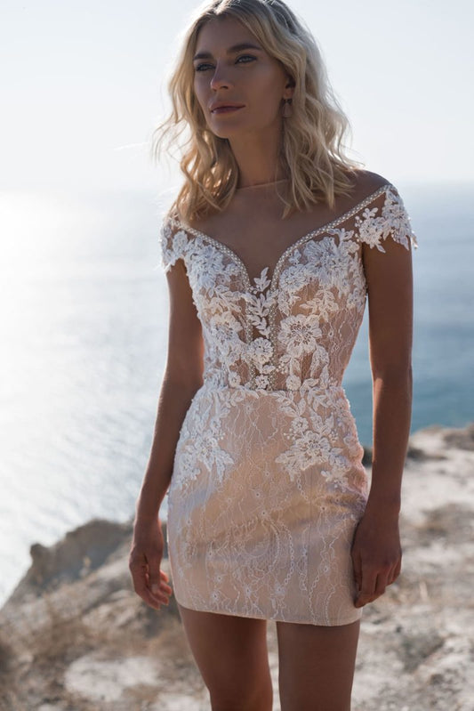 Vestidos de novia cortos de playa, 2 piezas, tren desmontable, apliques de cuentas, vestido de novia de encaje, manga casquillo personalizada 