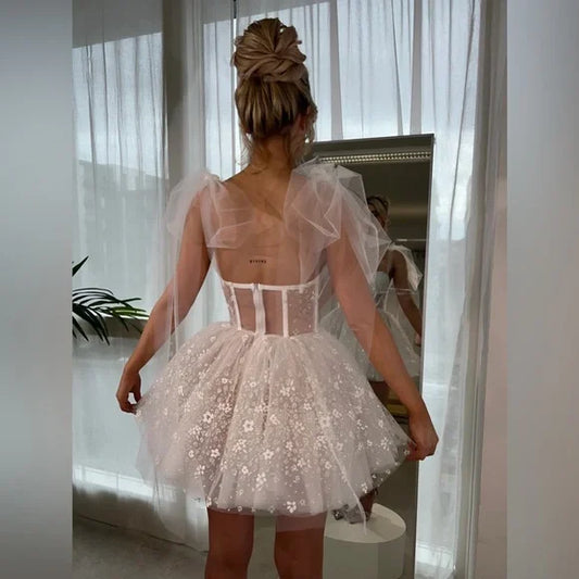 Mini Bridals Kleider Schatz Blumen Tüll Boning Korsett kurze Hochzeitsfeierkleider für Frauen Cocktailkleider