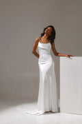 Satin Backless Mermaid Boat Neck Sleeveless Floor Length Sweep Train Pleats Temperament and Modern Evening Dress