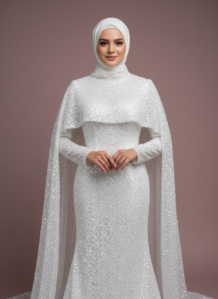 Muslim Wedding Dress High Neck Long Sleeve Hijab Bridal Dress Elegant — free download