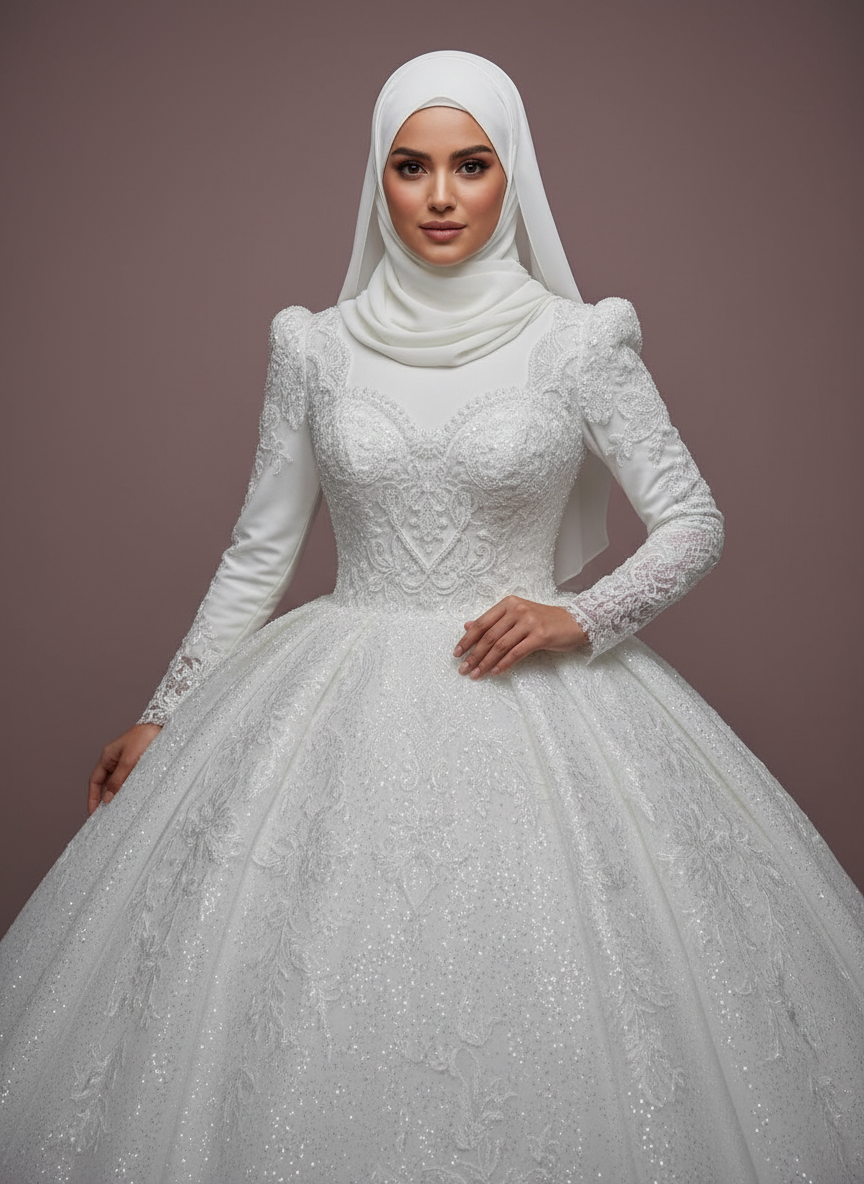 Islamic Ful Lace Muslim Wedding Dress High Neck Long Sleeve Hijab Brid