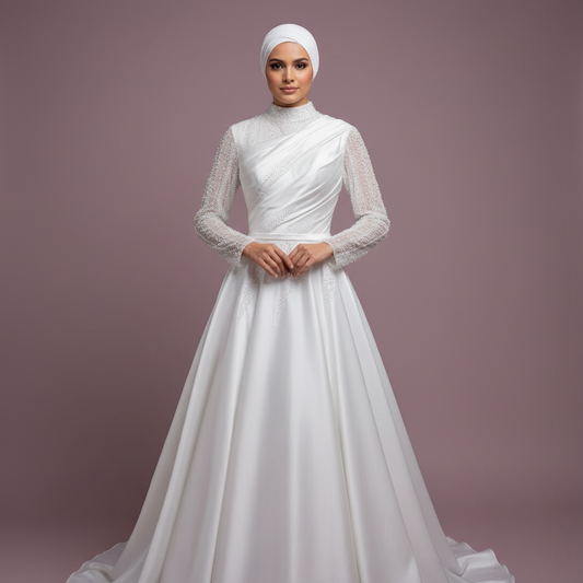 Exquisite Satin Muslim Wedding Dress With Pearls High Neck Long Sleeve Hijab Bridal Dress Elegant Vestidos De Novia