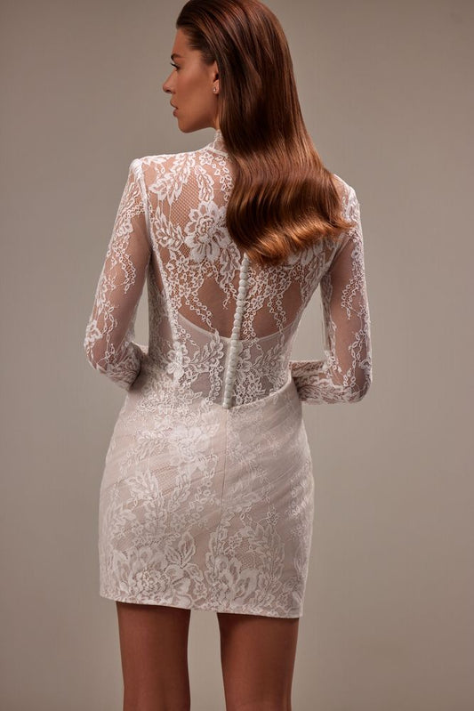 Long-sleeved mini wedding dress made from chantilly lace.