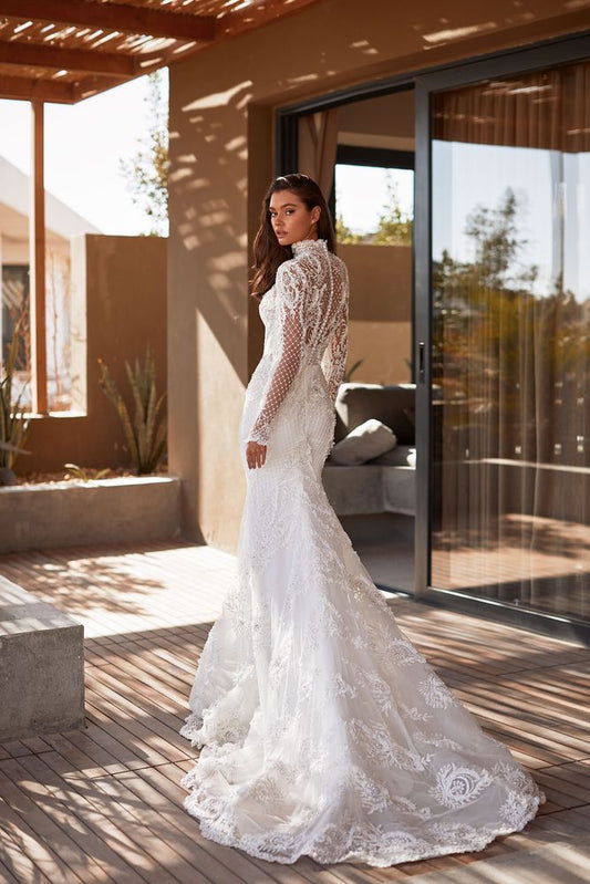 Exquisite White Wedding Dress Sexy Mermaid Backless Button Pleat Lace Appliques Bridal Gown High Neck Long Sleeves Sweep Train