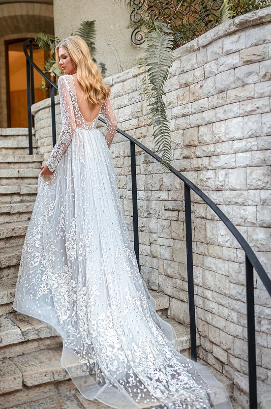 Bescheidene Langarmzeitskleid Klassische Spitzen Applikationen Braut Robe Elegant A-Line Long Bridal Gown Robe de Mariée
