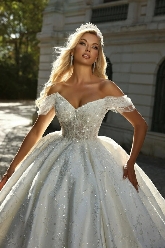 Graceful Off The Shoulder Bridal Dress Sparkly Sequins Beads Wedding Gown Luxury Ball Gown Long Bride Robe Vestido De Novia