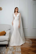 Minimalist Mermaid Bridal Dress with Straps and V-Neckline for a Sleek and Elegant Wedding Look