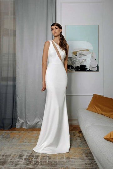 Minimalist Mermaid Wedding Dress with Straps, Asymmetric Neckline, and Lace Embellishments for a Modern Bridal Look