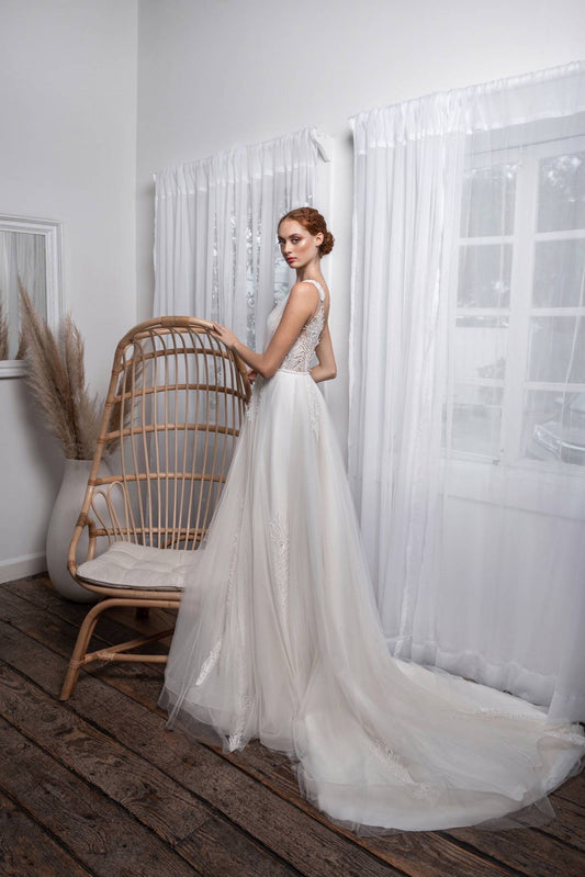 Romantic A-Line Wedding Dress with Spaghetti Straps, V-Neckline & Flattering Natural Waistline - Camilla's